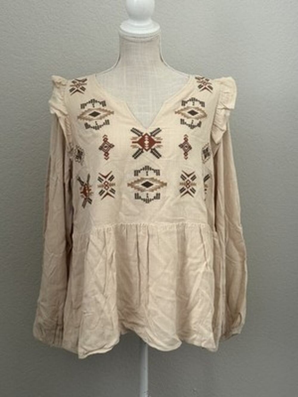 Hudson Gray Blouse Ivory Womens NWT Peplum Tribal Boho Embroidered Lined - L